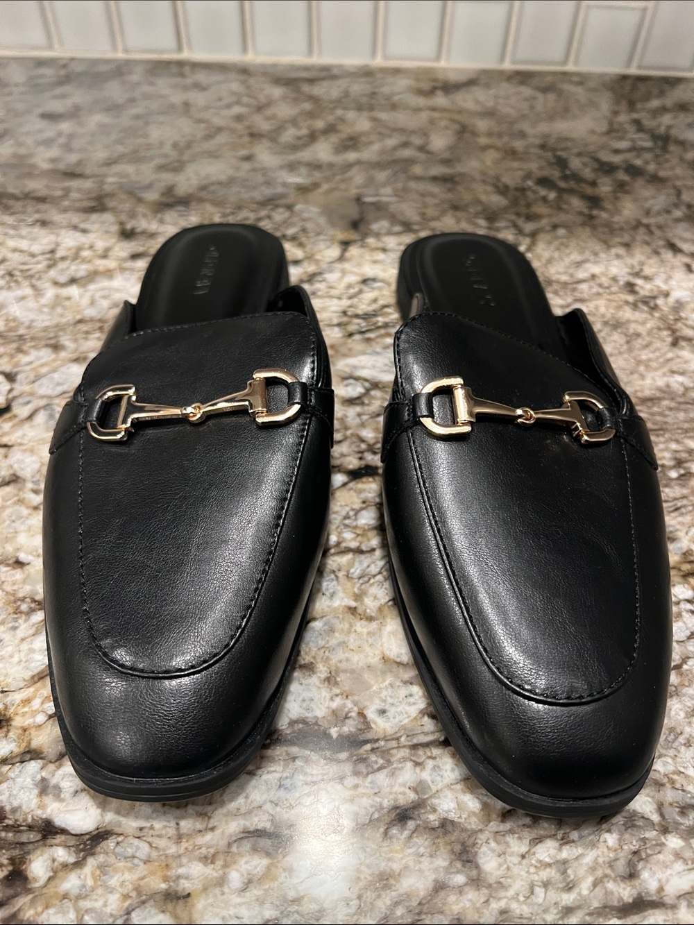 Old Navy Black Faux-Leather Loafer Mules Gold Horsebit - Size 9 NWOT